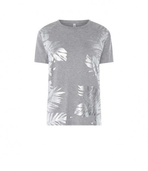 KAREN MILLEN Palm Print T-Shirt in Grey ~ silver foil leaf printed tee - flipped
