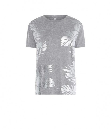 KAREN MILLEN Palm Print T-Shirt in Grey ~ silver foil leaf printed tee