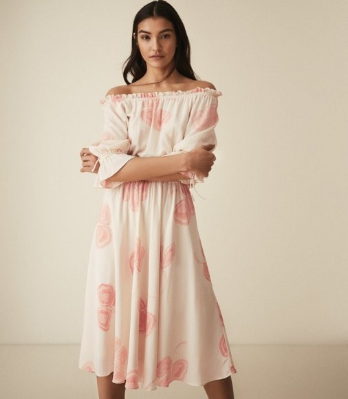 REISS PEACHES FLORAL PRINTED BARDOT MIDI DRESS MULTI WHITE – off the shoulder summer dresses