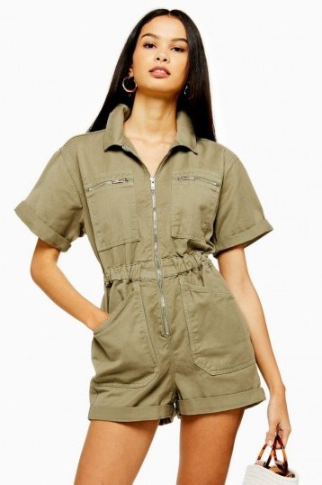 Topshop PHOENIX Khaki Utility Denim Playsuit | green short sleeve playsuits | utilitarian fashion - flipped