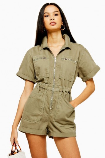 Topshop PHOENIX Khaki Utility Denim Playsuit | green short sleeve playsuits | utilitarian fashion