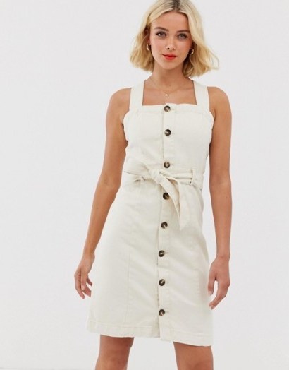 Pieces button front denim mini dress in beige | sleeveless square neck summer dresses - flipped