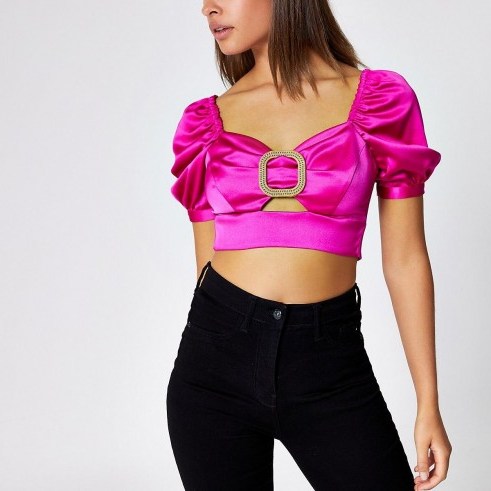 RIVER ISLAND Pink buckle puff sleeve crop top – gathered cut out tops - flipped