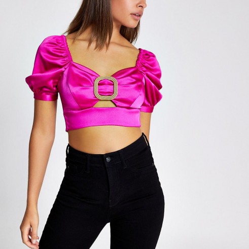 RIVER ISLAND Pink buckle puff sleeve crop top – gathered cut out tops