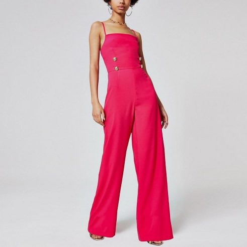 RIVER ISLAND Pink button front wide leg jumpsuit – strappy back jumpsuits - flipped