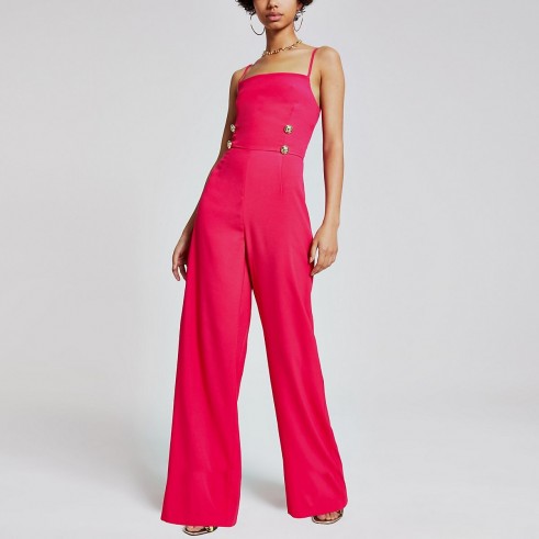 RIVER ISLAND Pink button front wide leg jumpsuit – strappy back jumpsuits