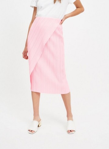 MISS SELFRIDGE Pink Plisse Wrap Skirt – asymmetric front midi