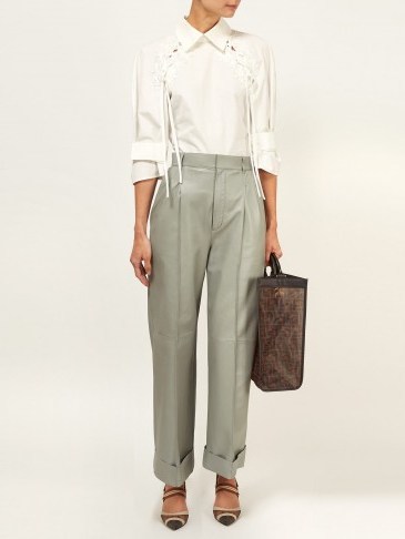 Matches Fashion FENDI Pintucked wide-leg leather trousers - flipped