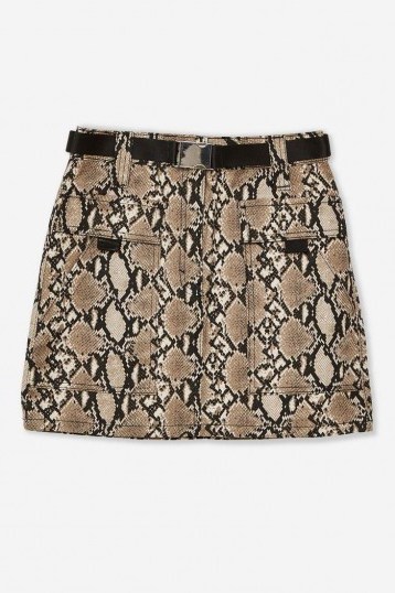 Topshop Pocket Clip Snake Denim Skirt in Natural | reptile print mini - flipped