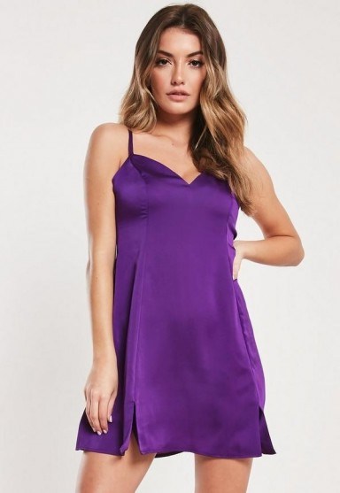 Missguided purple satin cami side split skater dress | mini length slip dresses - flipped