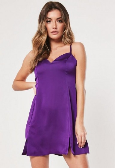 Missguided purple satin cami side split skater dress | mini length slip dresses