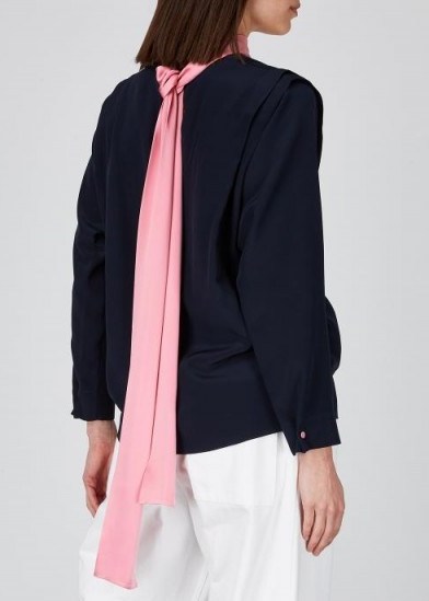 ROKSANDA Aulna navy silk blouse ~ pink tie detail - flipped