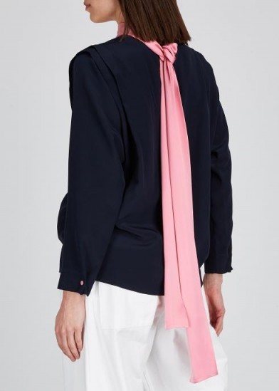 ROKSANDA Aulna navy silk blouse ~ pink tie detail