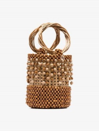 Rosantica Beige Cora Beaded Wicker Bucket Bag – small light-brown ring top handle handbag - flipped