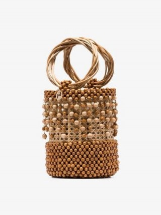 Rosantica Beige Cora Beaded Wicker Bucket Bag – small light-brown ring top handle handbag