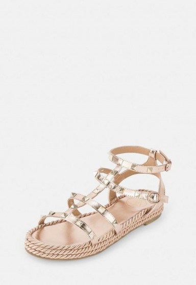 Missguided rose gold espadrille stud gladiator sandals | strappy metallic flats - flipped