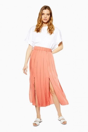Topshop Satin Pleated Midi Skirt Coral | front slit skirts - flipped