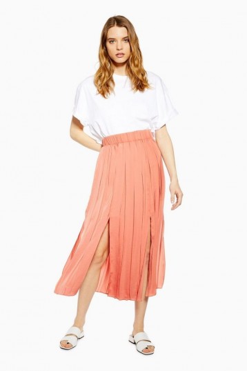 Topshop Satin Pleated Midi Skirt Coral | front slit skirts
