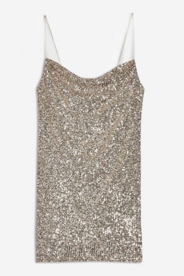 TOPSHOP Sequin Cowl Mini Dress in Silver – glittering thin strap dresses