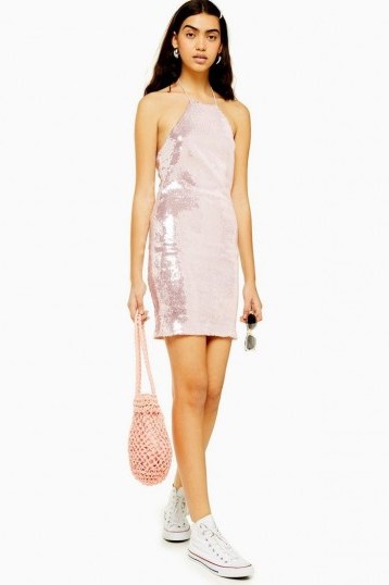 TOPSHOP Sequin Halter Neck Mini Dress in Pale Pink – shimmering dresses - flipped
