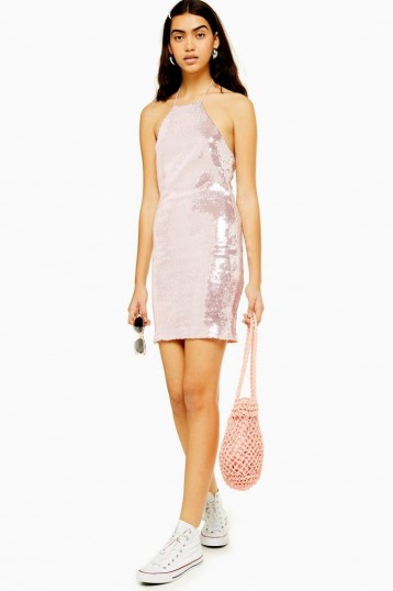 TOPSHOP Sequin Halter Neck Mini Dress in Pale Pink – shimmering dresses