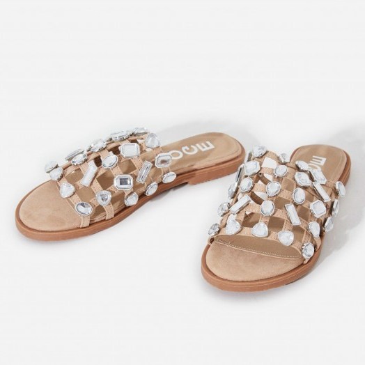 EGO Shanti Crystal Studded Detail Slider In Nude Faux Suede | jewelled slides - flipped