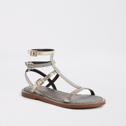 River Island Silver pearl gladiator sandals | strappy metallic summer flats - flipped