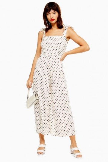 Topshop Spot Shirred Jumpsuit in Cream | floaty cropped leg summer jumpsuits - flipped