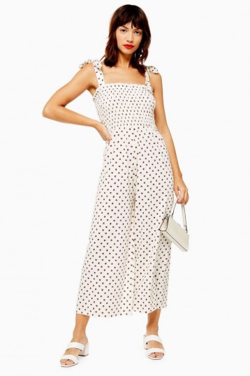 Topshop Spot Shirred Jumpsuit in Cream | floaty cropped leg summer jumpsuits