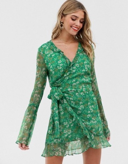 Stevie May jade long sleeve valentine wrap mini dress moss floral / green frill trimmed dresses - flipped