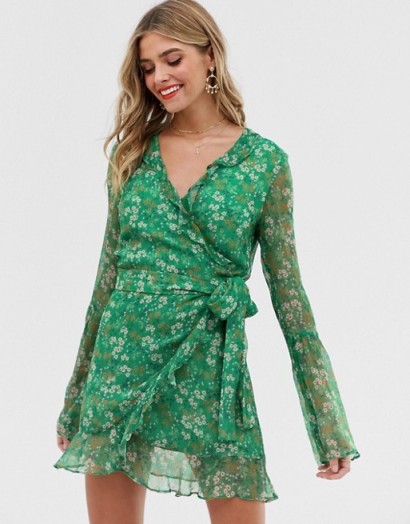 Stevie May jade long sleeve valentine wrap mini dress moss floral / green frill trimmed dresses