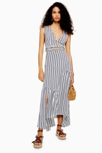 Topshop Stripe Belted Maxi Pinafore Dress | striped deep V-neckline summer dresses - flipped
