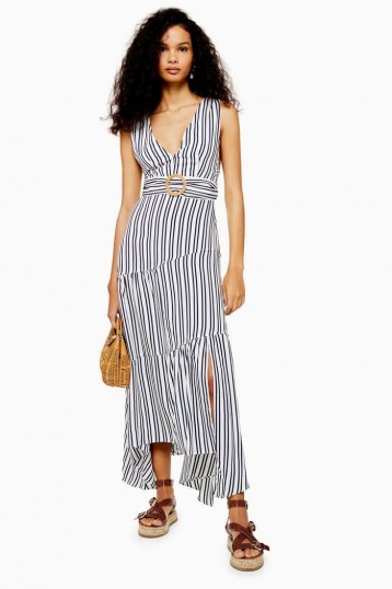 Topshop Stripe Belted Maxi Pinafore Dress | striped deep V-neckline summer dresses