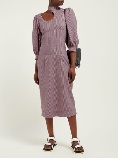 GANNI Striped cotton-blend seersucker midi dress ~ puff sleeved cut-out dresses