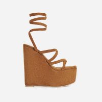 EGO Stripped Lace Up Platform Wedge Heel In Tan Faux Suede | super high summer wedges