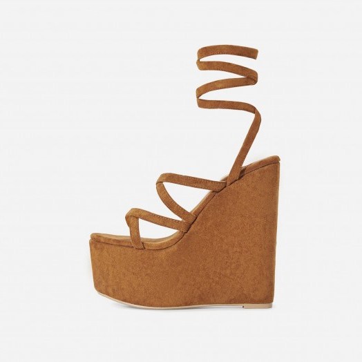 EGO Stripped Lace Up Platform Wedge Heel In Tan Faux Suede | super high summer wedges - flipped