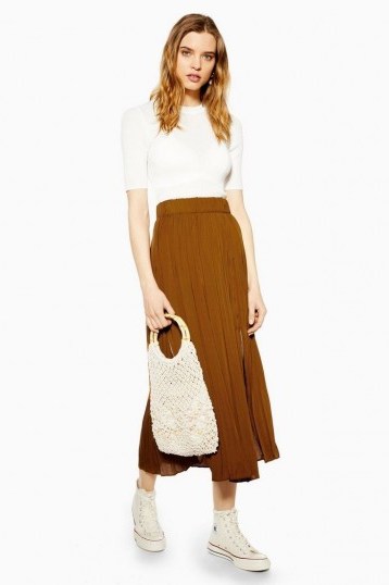 TOPSHOP Tan Satin Pleated Midi Skirt – brown skirts – trending colours - flipped