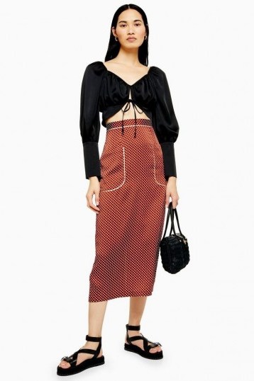 Topshop Tan Spot Pocket Midi Skirt Skirt | brown summer pencil skirts - flipped