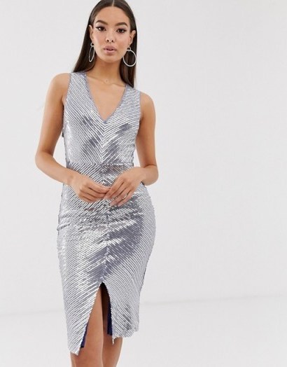 The Girlcode chevron panel midi dress in silver | metallic slim fit party dresses | evening glamour - flipped