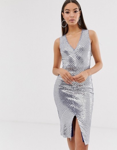 The Girlcode chevron panel midi dress in silver | metallic slim fit party dresses | evening glamour