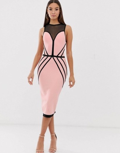 The Girlcode contrast bandage midi dress in taupe and black | sleeveless fitted party frock - flipped