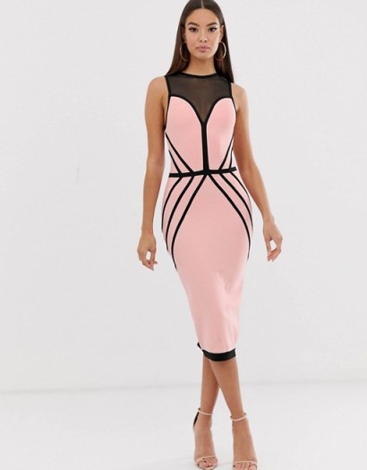 The Girlcode contrast bandage midi dress in taupe and black | sleeveless fitted party frock