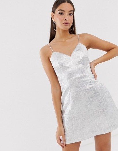 The Girlcode glitter jacquard mini skater dress in silver | strappy metallic party dresses - flipped