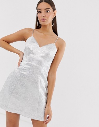 The Girlcode glitter jacquard mini skater dress in silver | strappy metallic party dresses