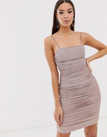 The Girlcode glitter lurex ruched mini dress in bronze | strappy gathered party dresses - flipped