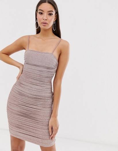The Girlcode glitter lurex ruched mini dress in bronze | strappy gathered party dresses