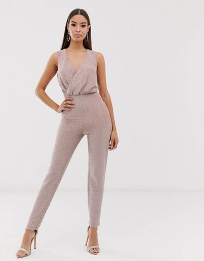 The Girlcode glitter lurex wrap front jumpsuit in mink | party glamour - flipped