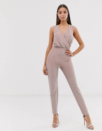 The Girlcode glitter lurex wrap front jumpsuit in mink | party glamour
