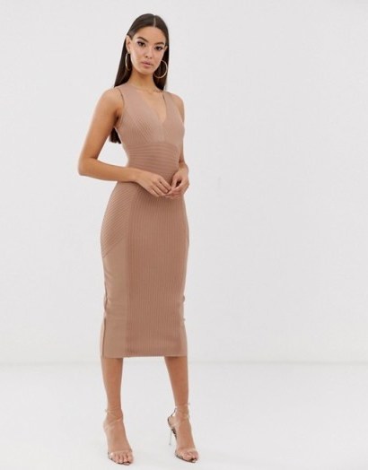The Girlcode pleated bandage mini plunge dress in taupe | sleeveless party bodycon - flipped