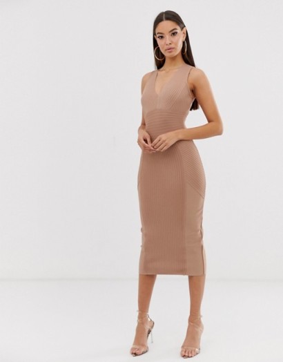 The Girlcode pleated bandage mini plunge dress in taupe | sleeveless party bodycon
